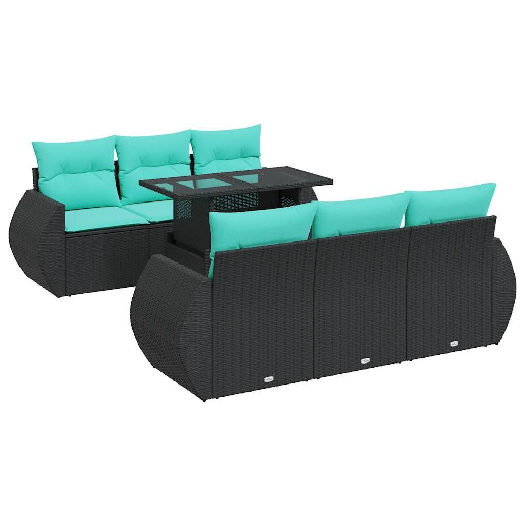 vidaXL 7-tlg. Garten-Sofagarnitur mit Kissen Schwarz Poly Rattan