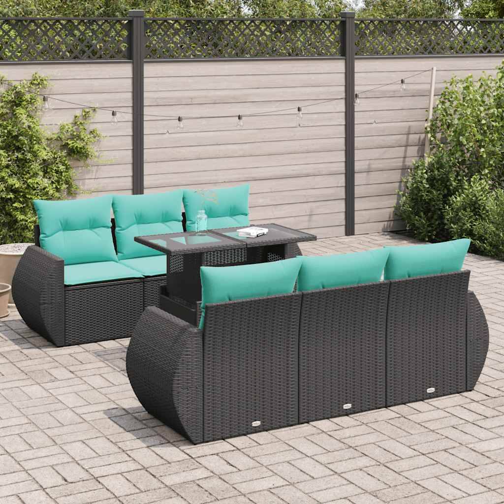 vidaXL 7-tlg. Garten-Sofagarnitur mit Kissen Schwarz Poly Rattan