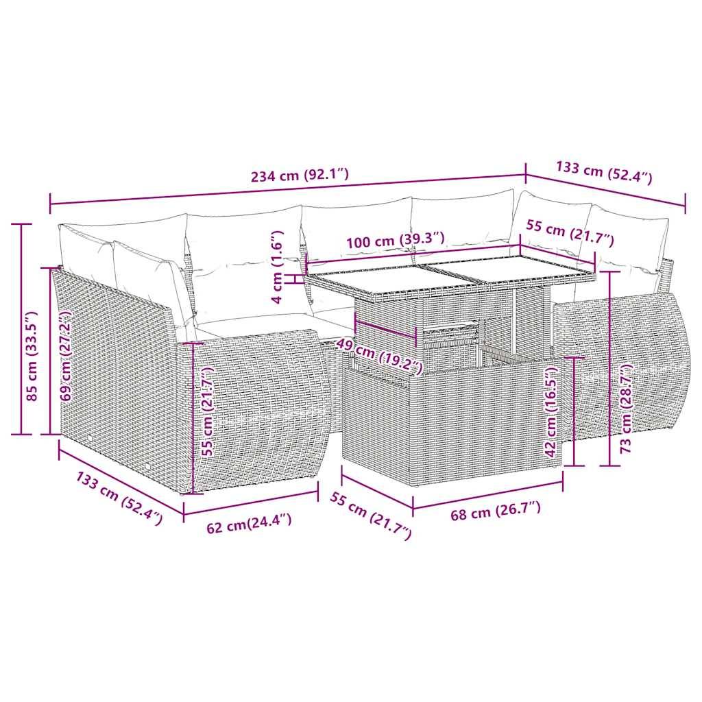 vidaXL 7-tlg. Garten-Sofagarnitur mit Kissen Schwarz Poly Rattan