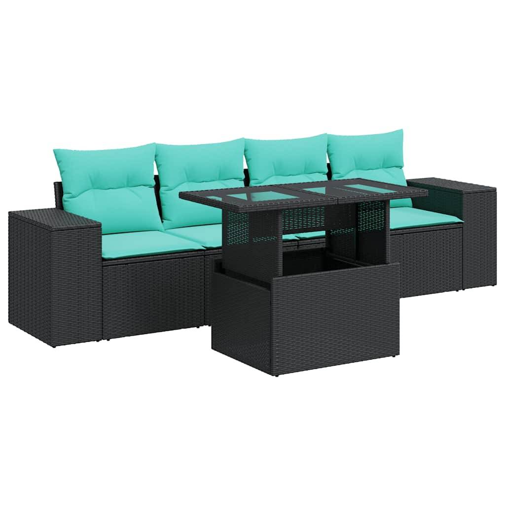vidaXL 5tlg. Garten-Sofagarnitur mit Kissen Schwarz Poly Rattan Akazie
