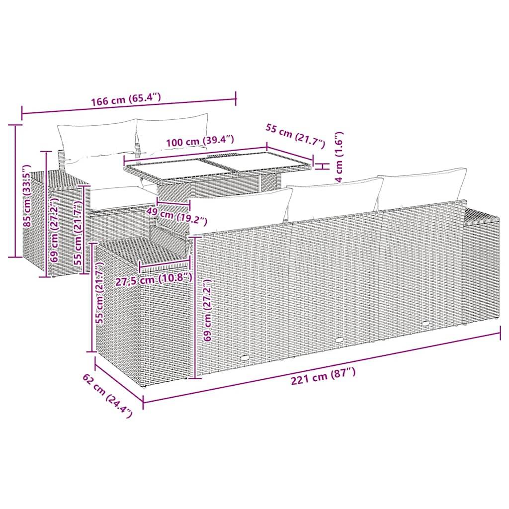 vidaXL 6-tlg. Garten-Sofagarnitur mit Kissen Schwarz Poly Rattan