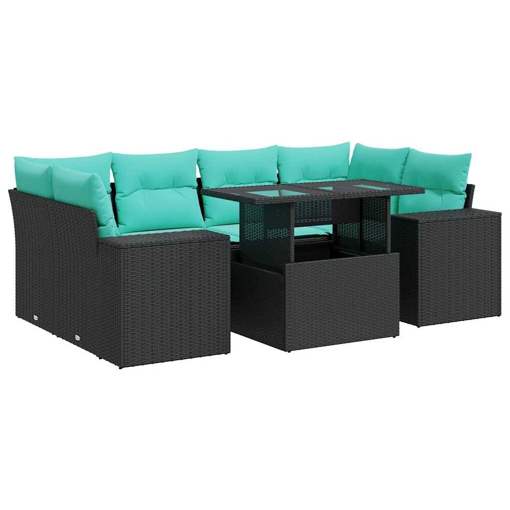 vidaXL 7-tlg. Garten-Sofagarnitur mit Kissen Schwarz Poly Rattan