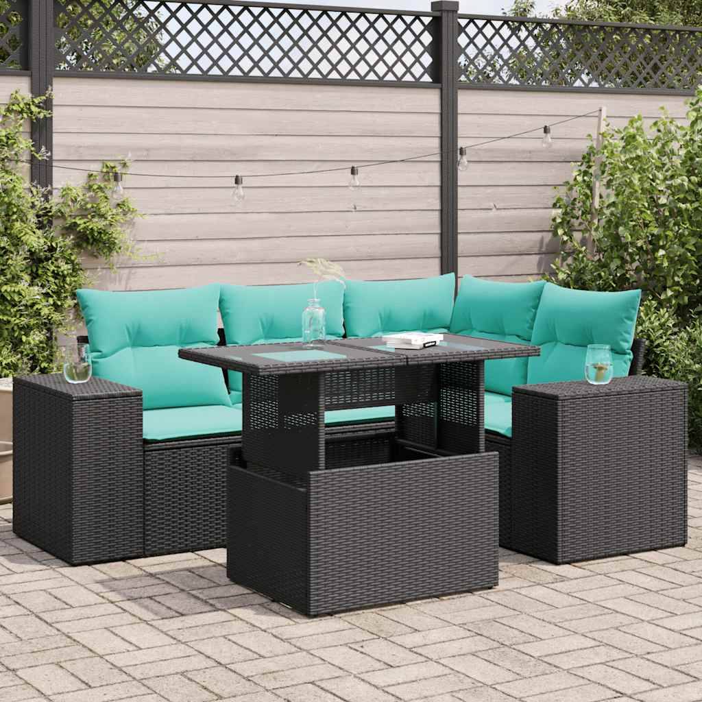 vidaXL 5-tlg. Garten-Sofagarnitur mit Kissen Schwarz Poly Rattan
