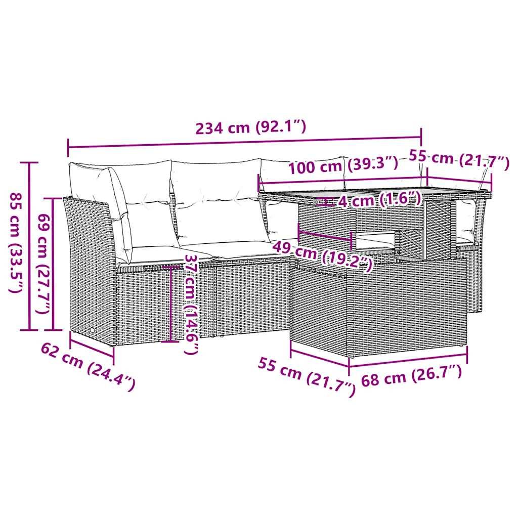 vidaXL 5-tlg. Garten-Sofagarnitur mit Kissen Schwarz Poly Rattan