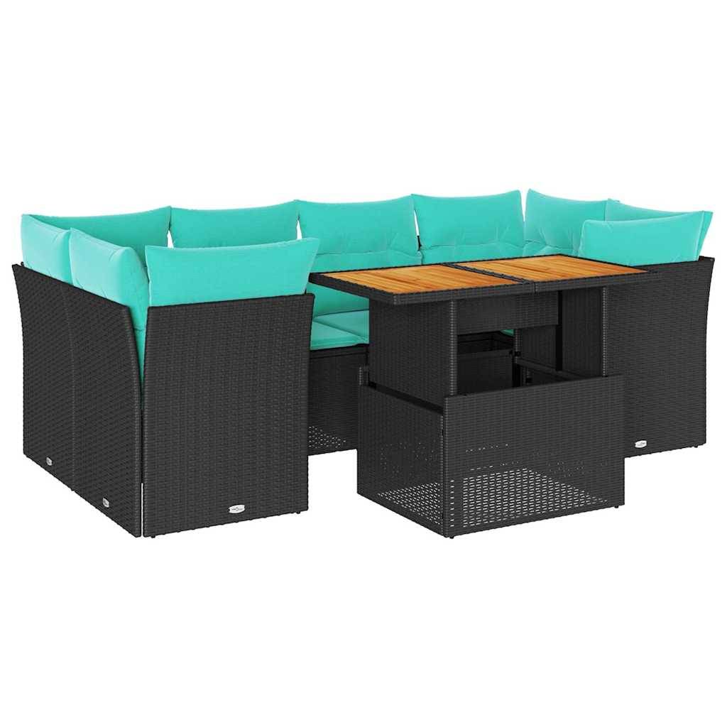 vidaXL 7-tlg. Garten-Sofagarnitur mit Kissen Schwarz Poly Rattan