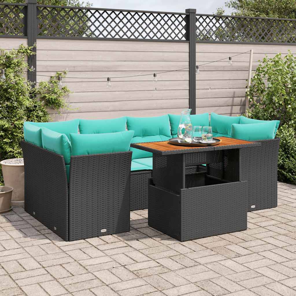 vidaXL 7-tlg. Garten-Sofagarnitur mit Kissen Schwarz Poly Rattan