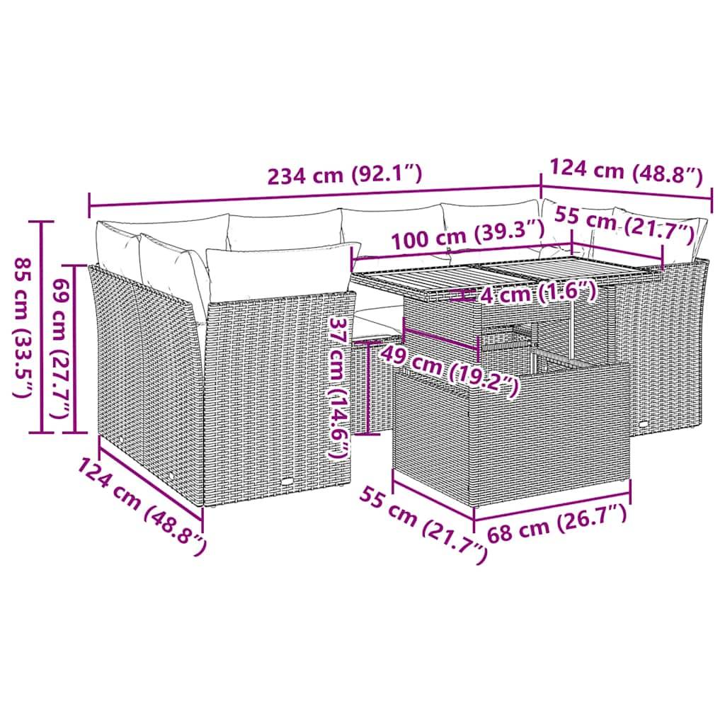 vidaXL 7-tlg. Garten-Sofagarnitur mit Kissen Schwarz Poly Rattan