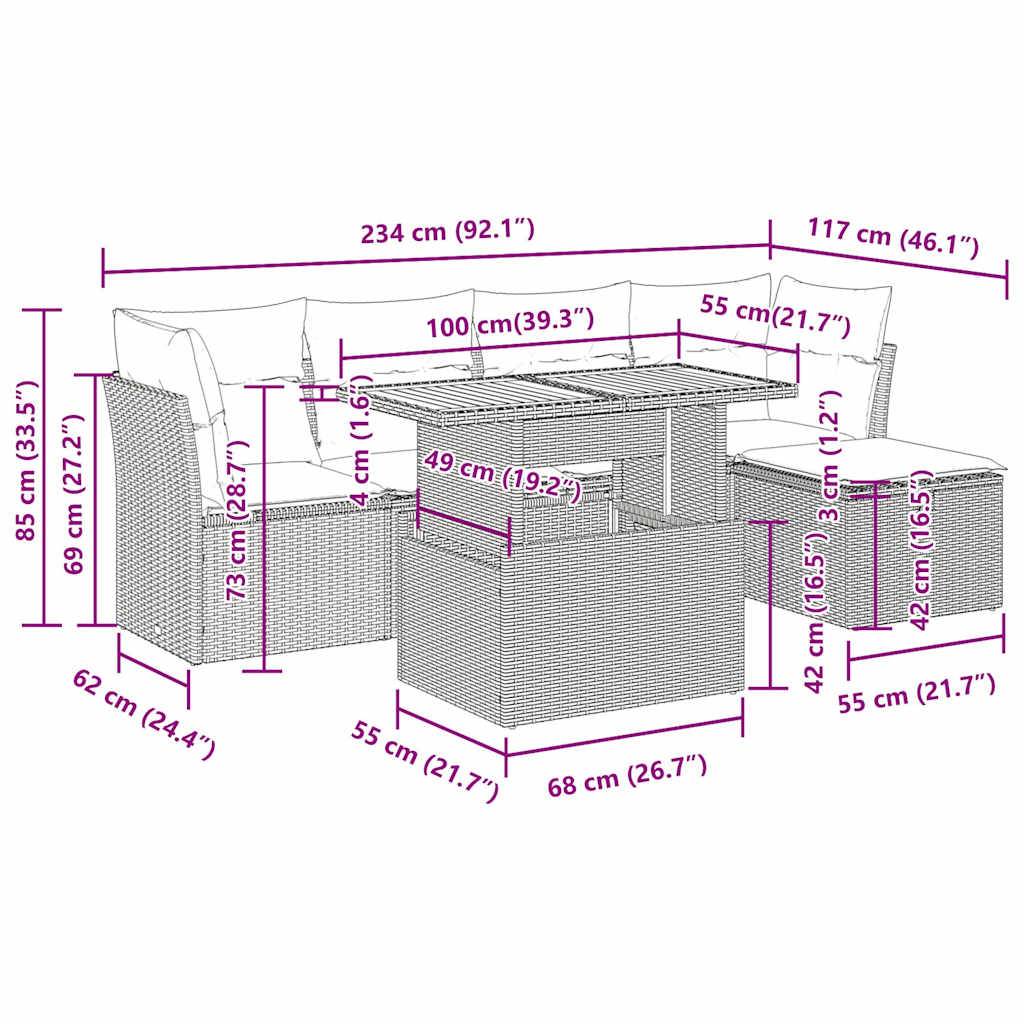 vidaXL 6-tlg. Garten-Sofagarnitur mit Kissen Schwarz Poly Rattan