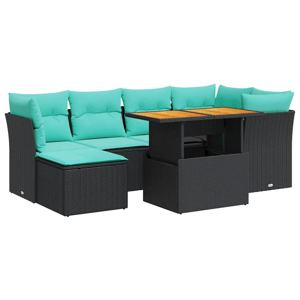 vidaXL 7-tlg. Garten-Sofagarnitur mit Kissen Schwarz Poly Rattan