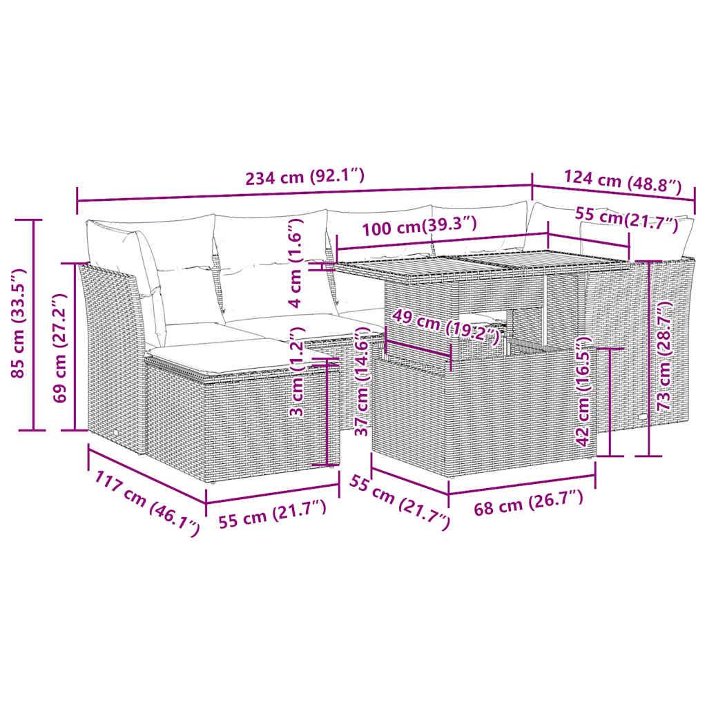 vidaXL 7-tlg. Garten-Sofagarnitur mit Kissen Schwarz Poly Rattan
