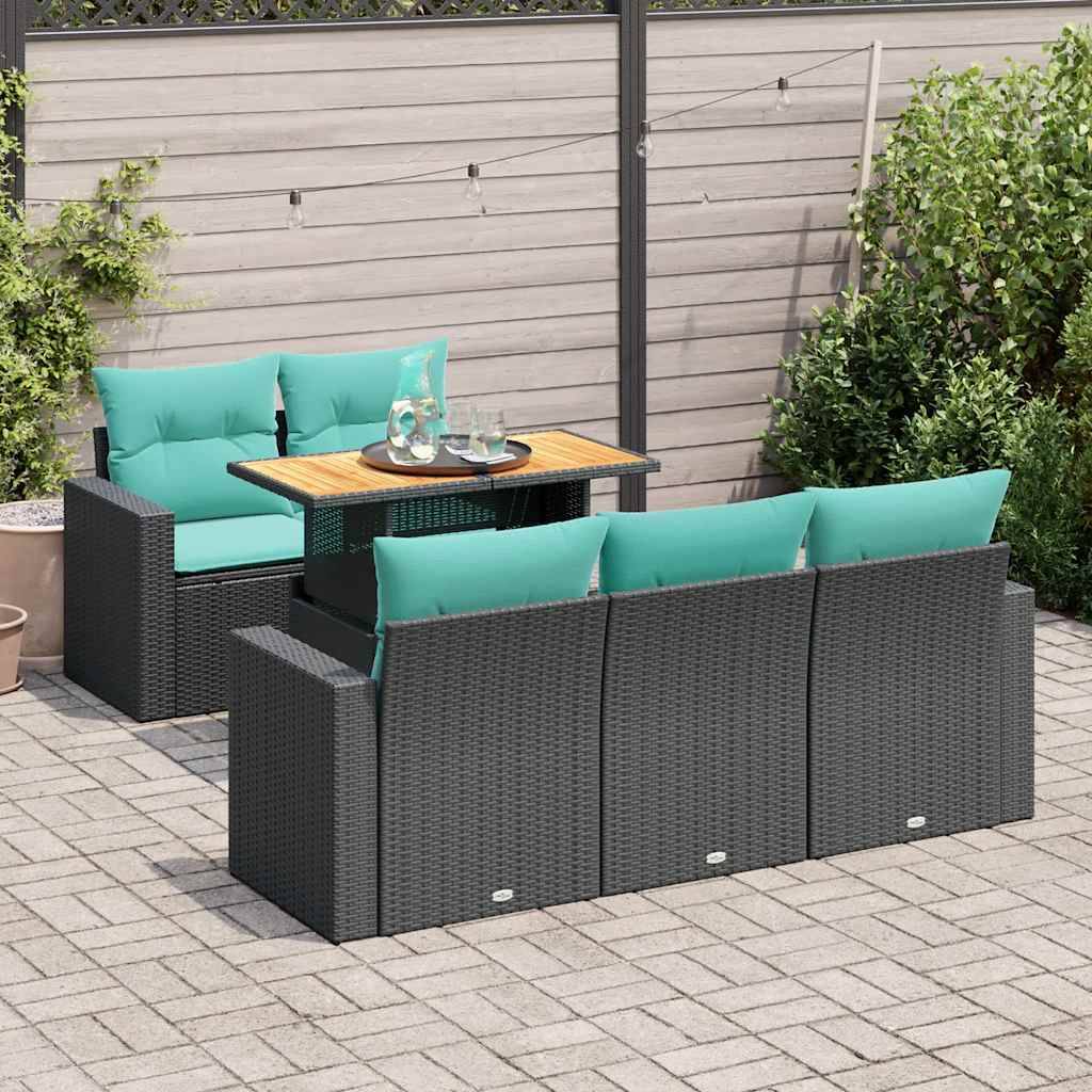 vidaXL 6-tlg. Garten-Sofagarnitur mit Kissen Schwarz Poly Rattan