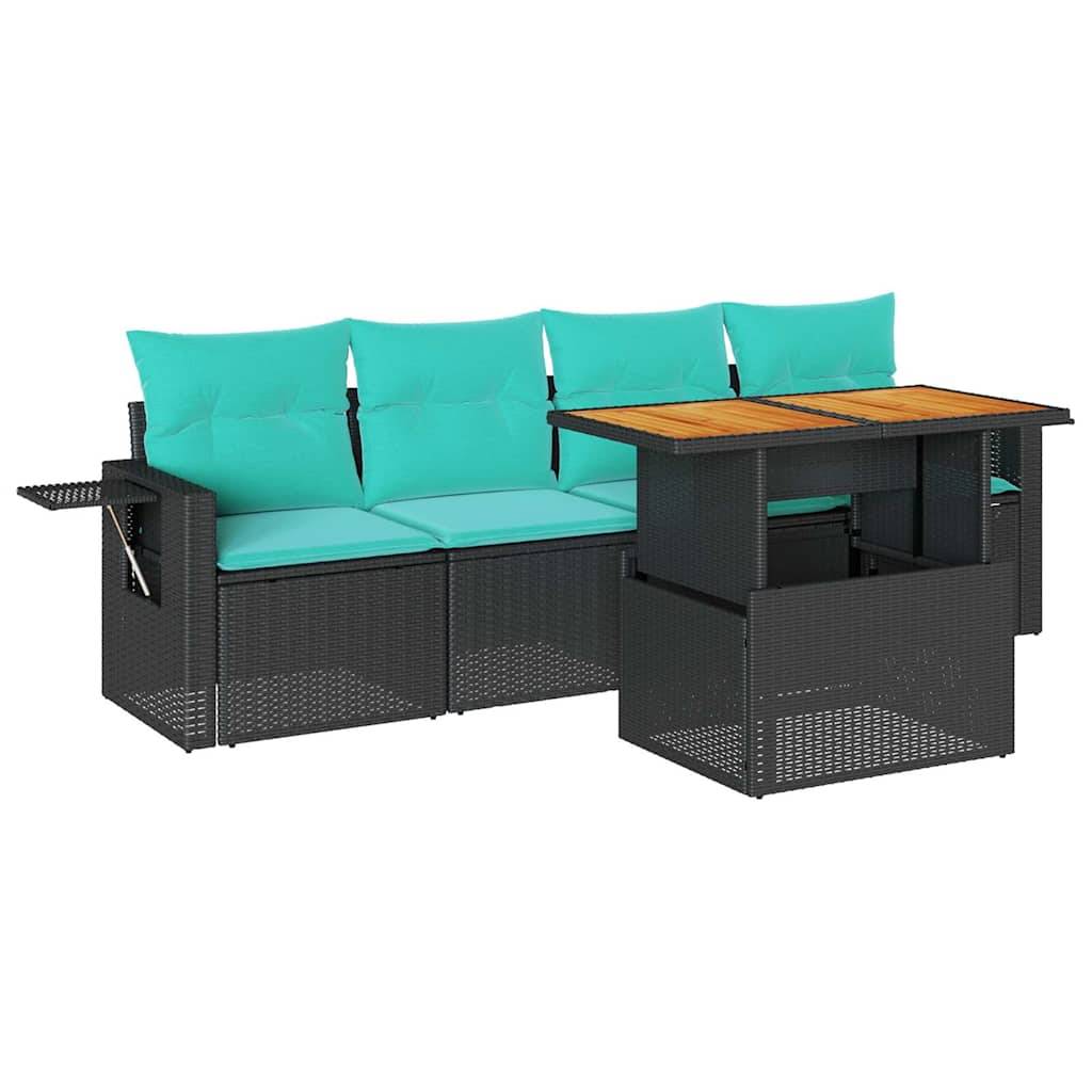 vidaXL 5-tlg. Garten-Sofagarnitur mit Kissen Schwarz Poly Rattan