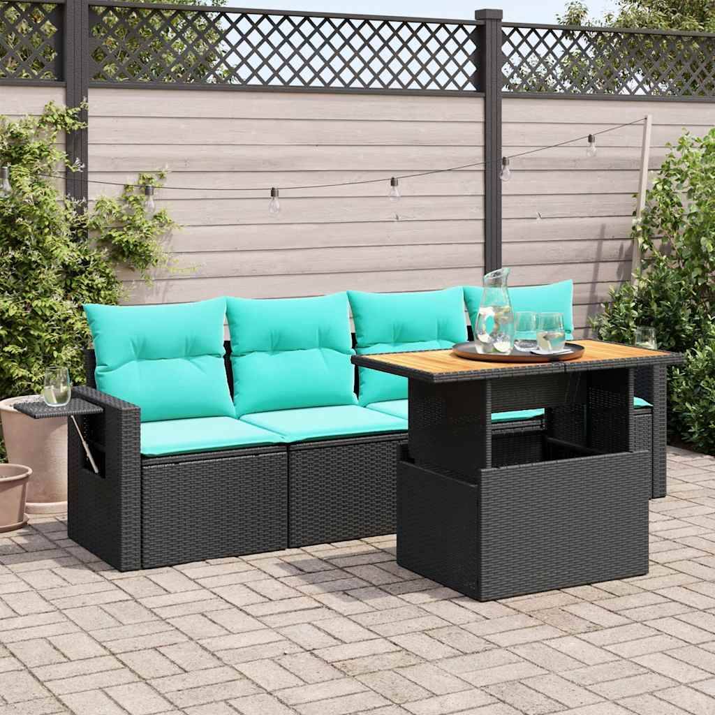 vidaXL 5-tlg. Garten-Sofagarnitur mit Kissen Schwarz Poly Rattan