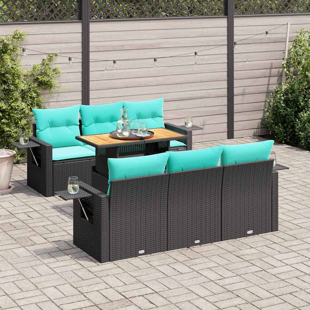 vidaXL 7-tlg. Garten-Sofagarnitur mit Kissen Schwarz Poly Rattan