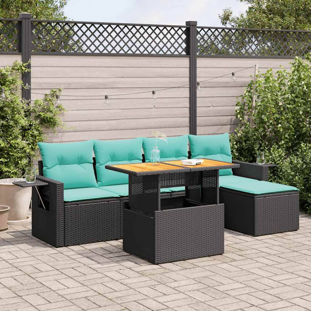 vidaXL 6-tlg. Garten-Sofagarnitur mit Kissen Schwarz Poly Rattan