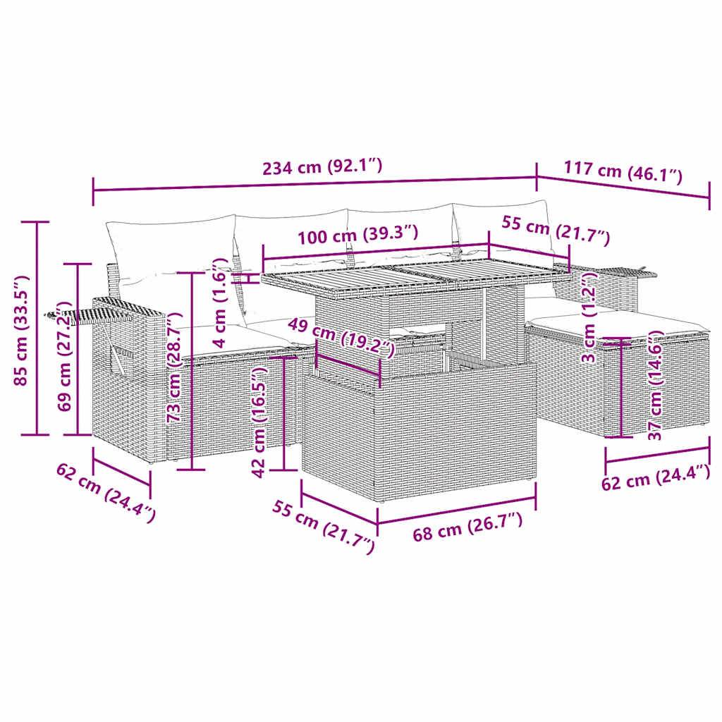 vidaXL 6-tlg. Garten-Sofagarnitur mit Kissen Schwarz Poly Rattan