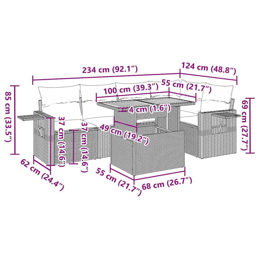vidaXL 6-tlg. Garten-Sofagarnitur mit Kissen Schwarz Poly Rattan