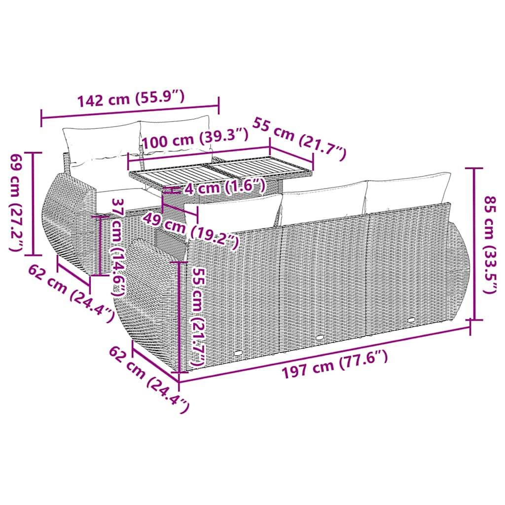vidaXL 6-tlg. Garten-Sofagarnitur mit Kissen Schwarz Poly Rattan