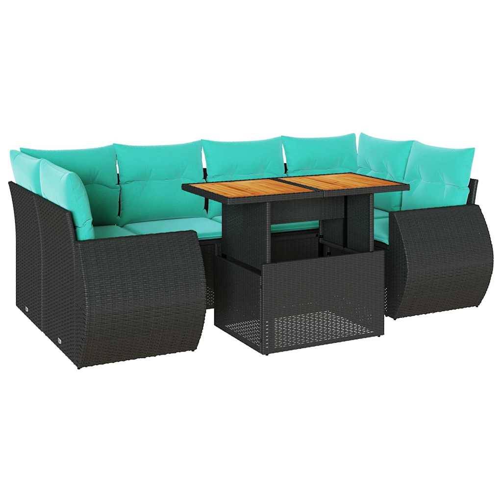 vidaXL 7-tlg. Garten-Sofagarnitur mit Kissen Schwarz Poly Rattan