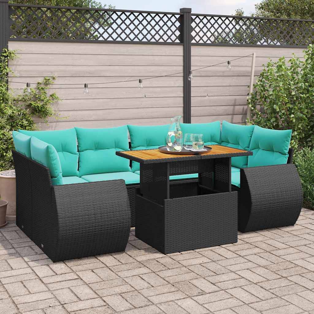 vidaXL 7-tlg. Garten-Sofagarnitur mit Kissen Schwarz Poly Rattan
