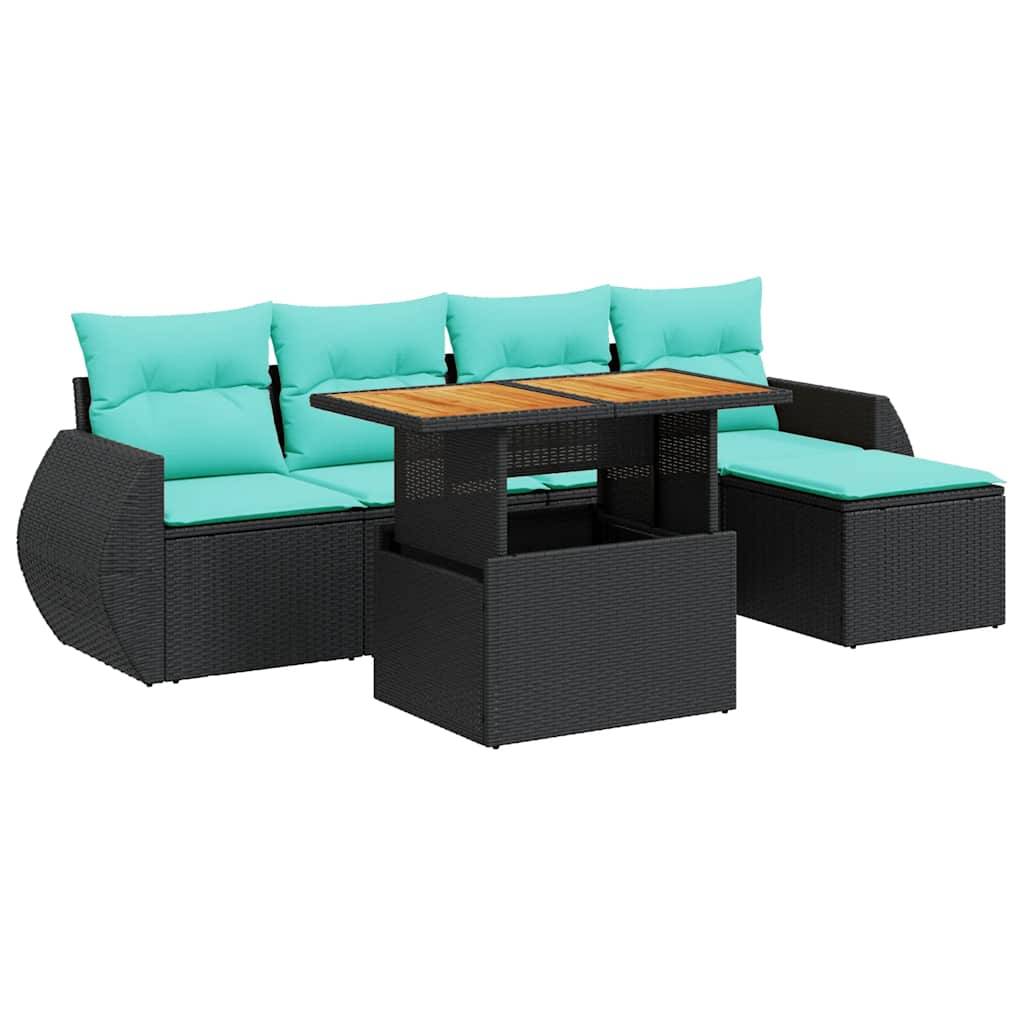 vidaXL 6-tlg. Garten-Sofagarnitur mit Kissen Schwarz Poly Rattan