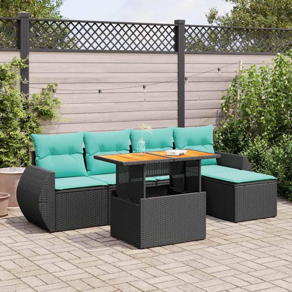 vidaXL 6-tlg. Garten-Sofagarnitur mit Kissen Schwarz Poly Rattan