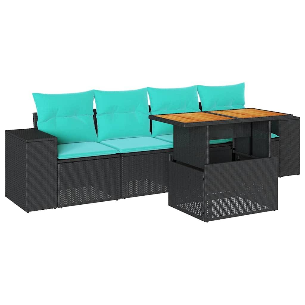 vidaXL 5-tlg. Garten-Sofagarnitur mit Kissen Schwarz Poly Rattan