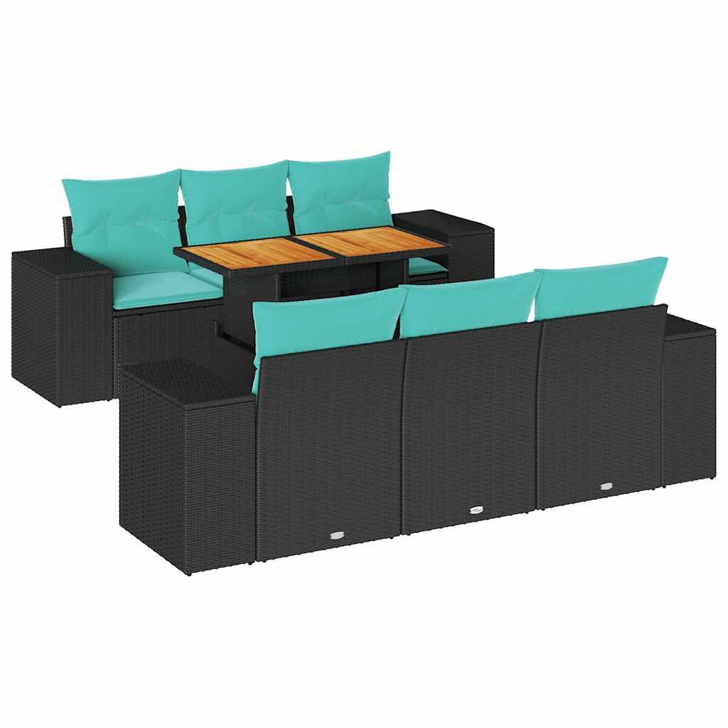 vidaXL 7-tlg. Garten-Sofagarnitur mit Kissen Schwarz Poly Rattan