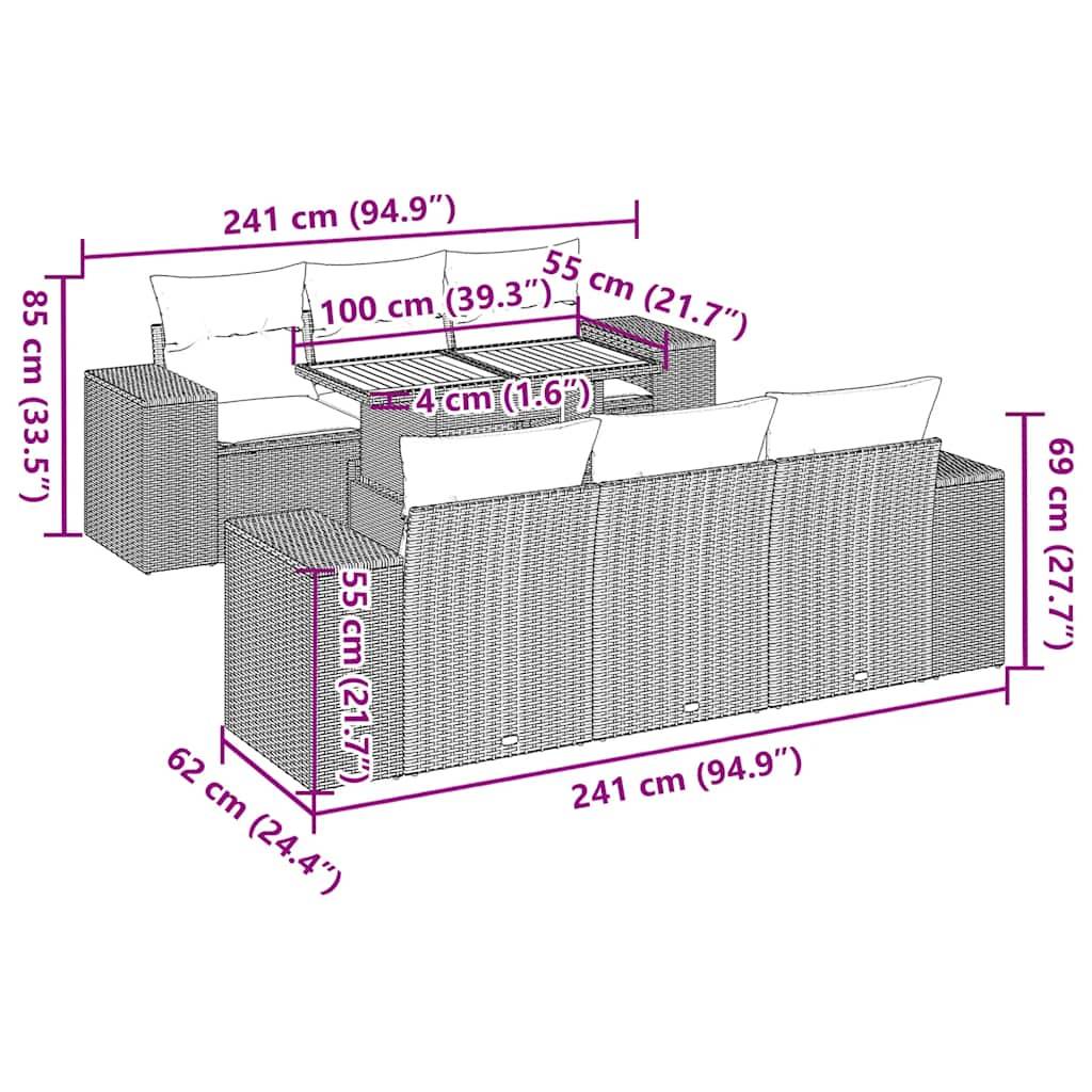 vidaXL 7-tlg. Garten-Sofagarnitur mit Kissen Schwarz Poly Rattan