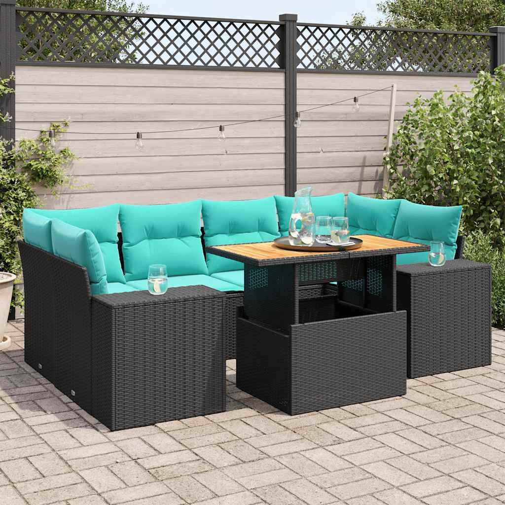vidaXL 7-tlg. Garten-Sofagarnitur mit Kissen Schwarz Poly Rattan