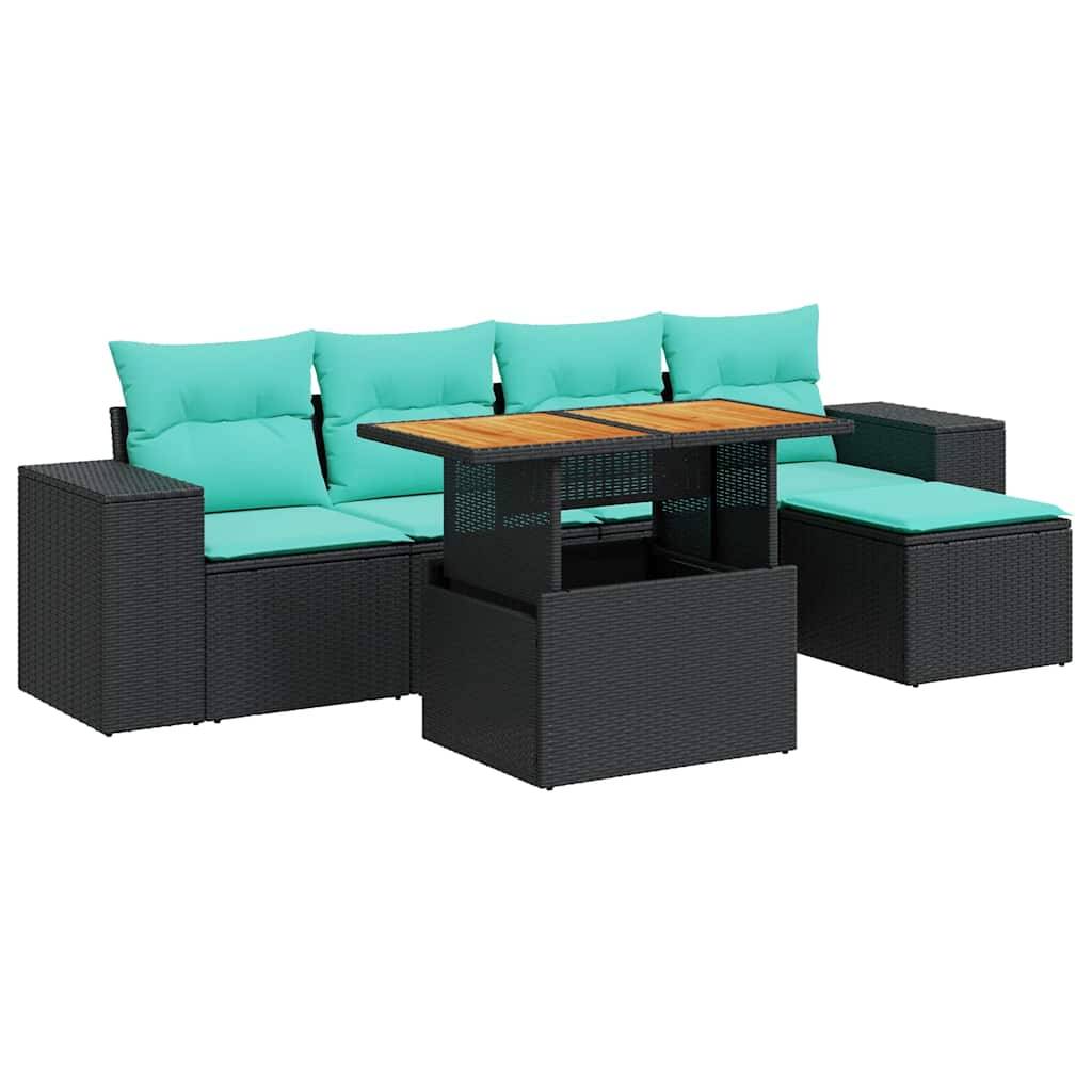vidaXL 6-tlg. Garten-Sofagarnitur mit Kissen Schwarz Poly Rattan