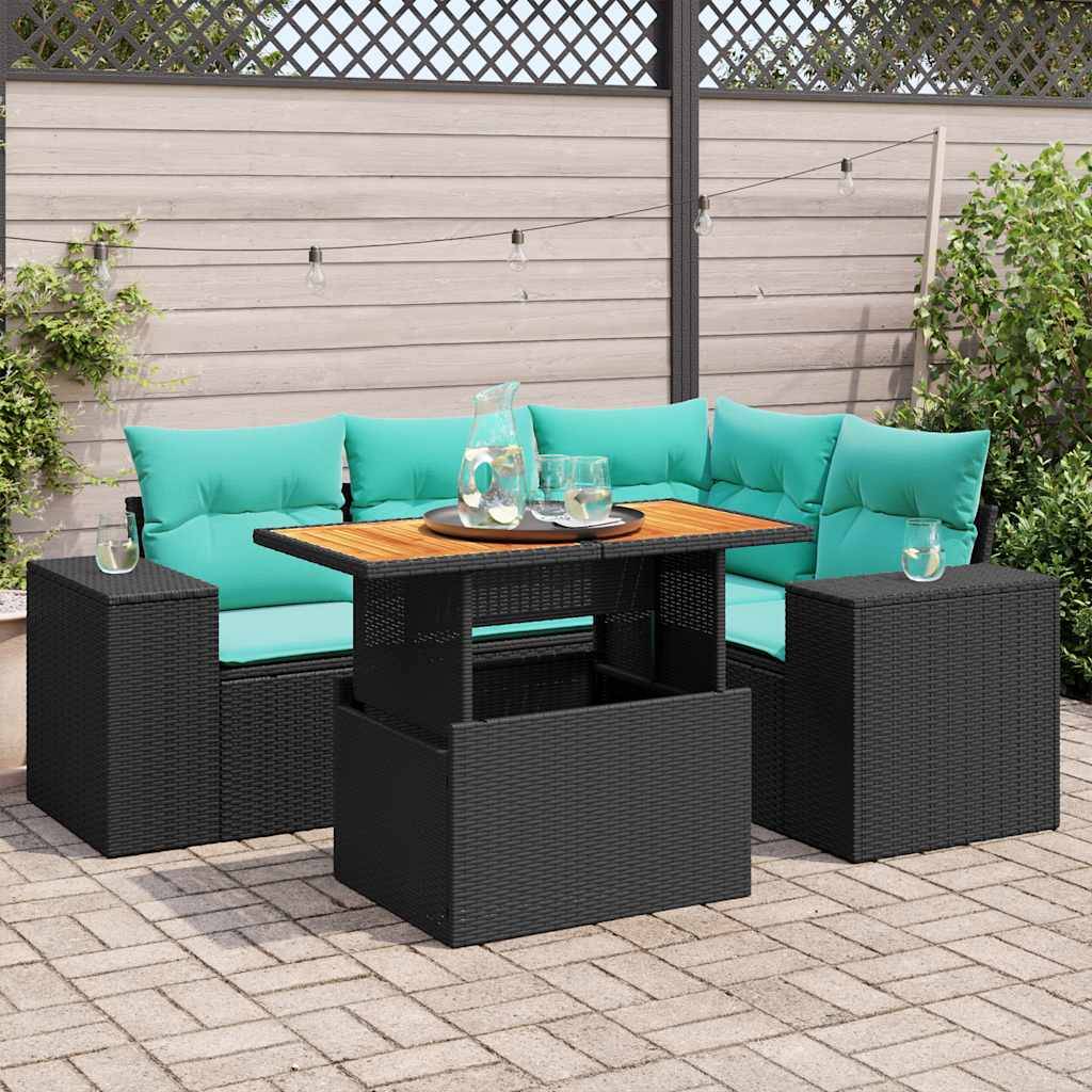 vidaXL 5-tlg. Garten-Sofagarnitur mit Kissen Schwarz Poly Rattan