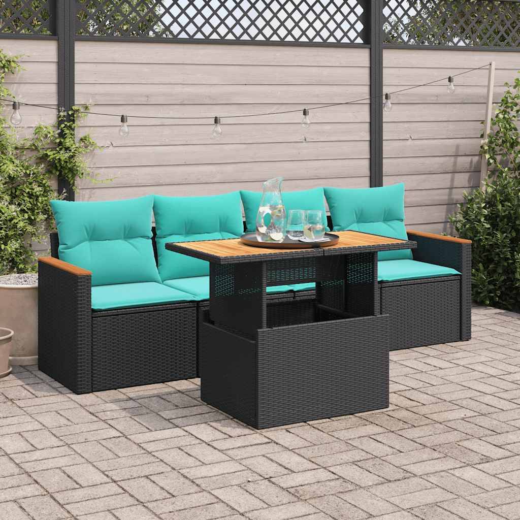 vidaXL 5-tlg. Garten-Sofagarnitur mit Kissen Schwarz Poly Rattan