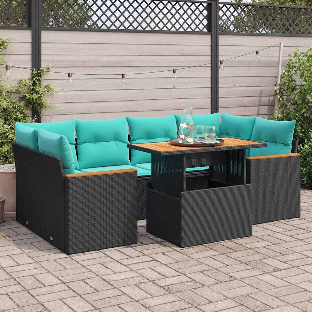 vidaXL 7-tlg. Garten-Sofagarnitur mit Kissen Schwarz Poly Rattan