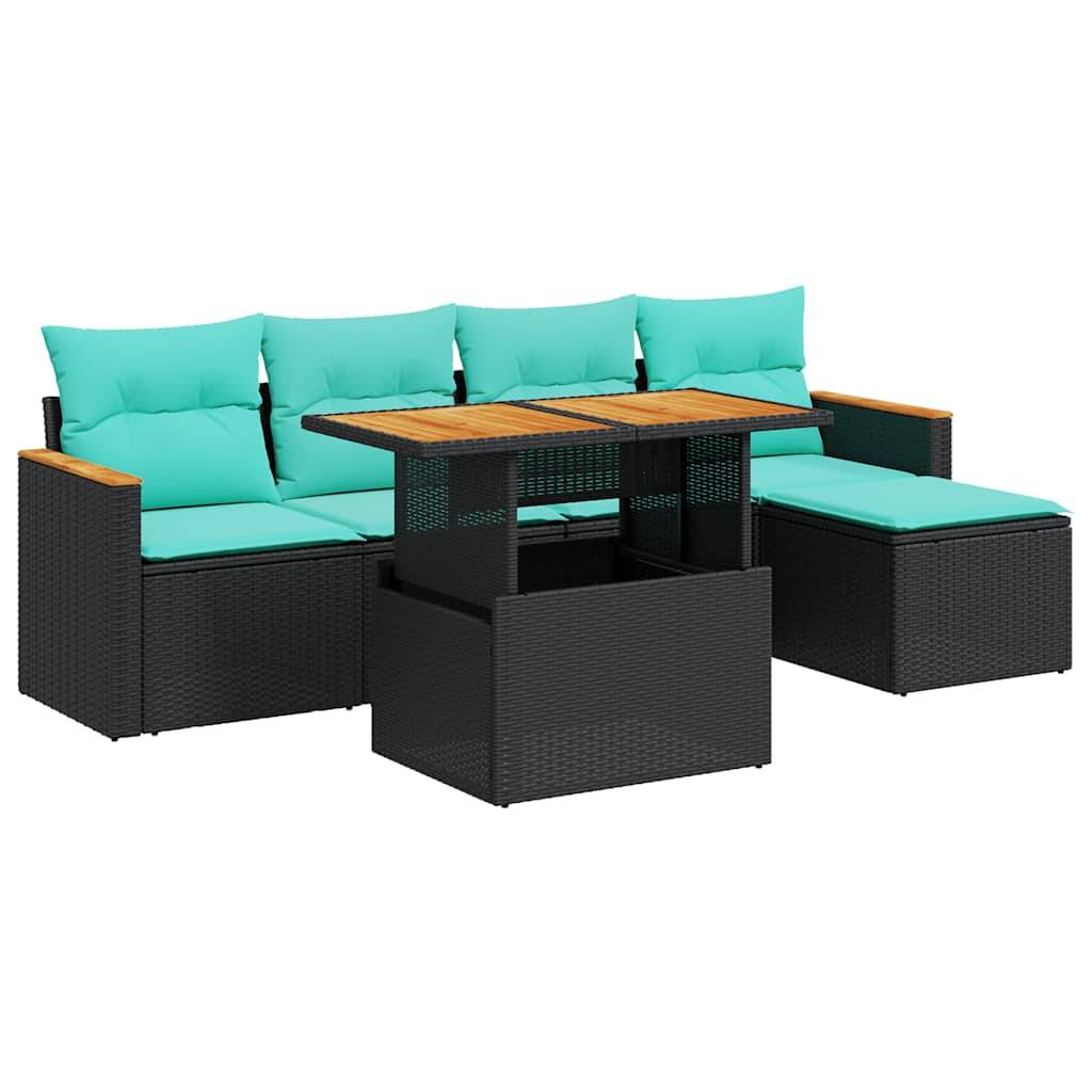 vidaXL 6-tlg. Garten-Sofagarnitur mit Kissen Schwarz Poly Rattan
