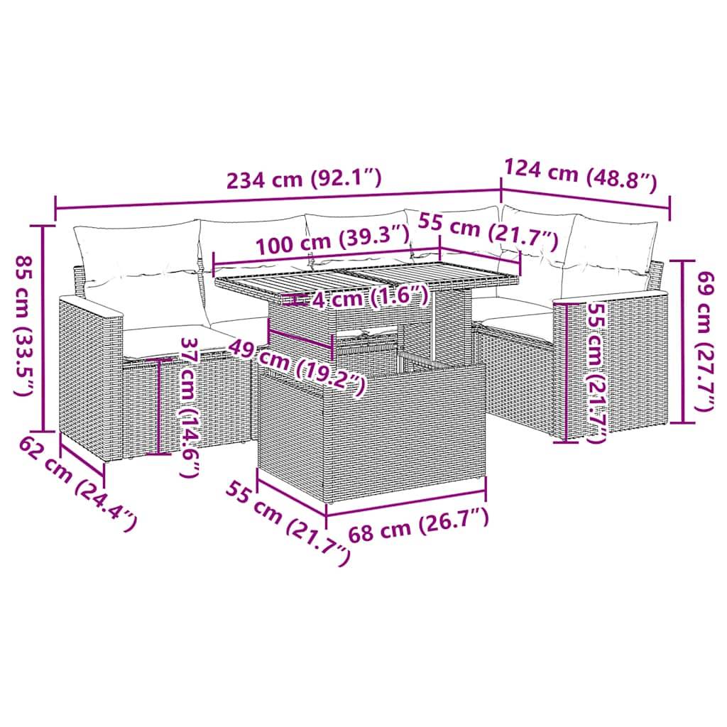 vidaXL 6-tlg. Garten-Sofagarnitur mit Kissen Schwarz Poly Rattan