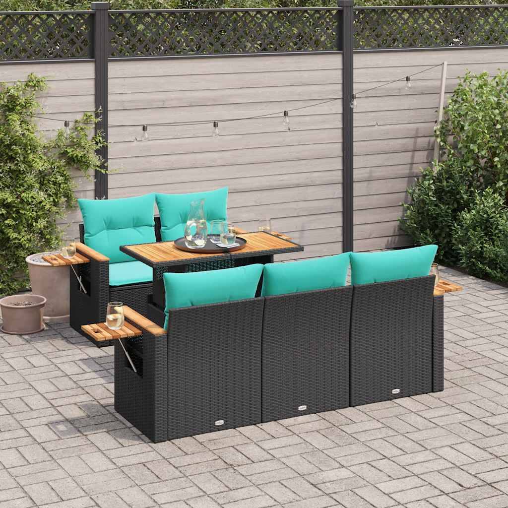 vidaXL 6-tlg. Garten-Sofagarnitur mit Kissen Schwarz Poly Rattan