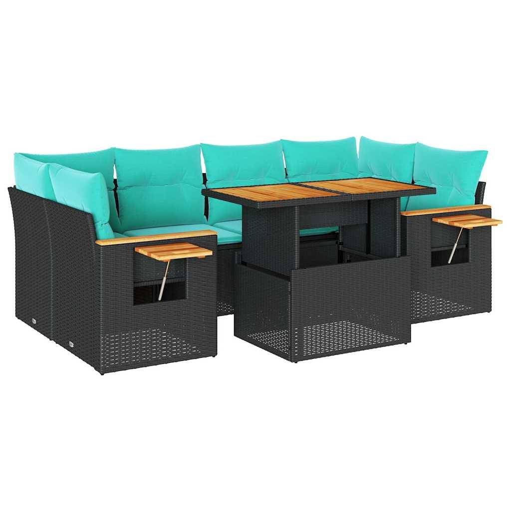 vidaXL 7-tlg. Garten-Sofagarnitur mit Kissen Schwarz Poly Rattan