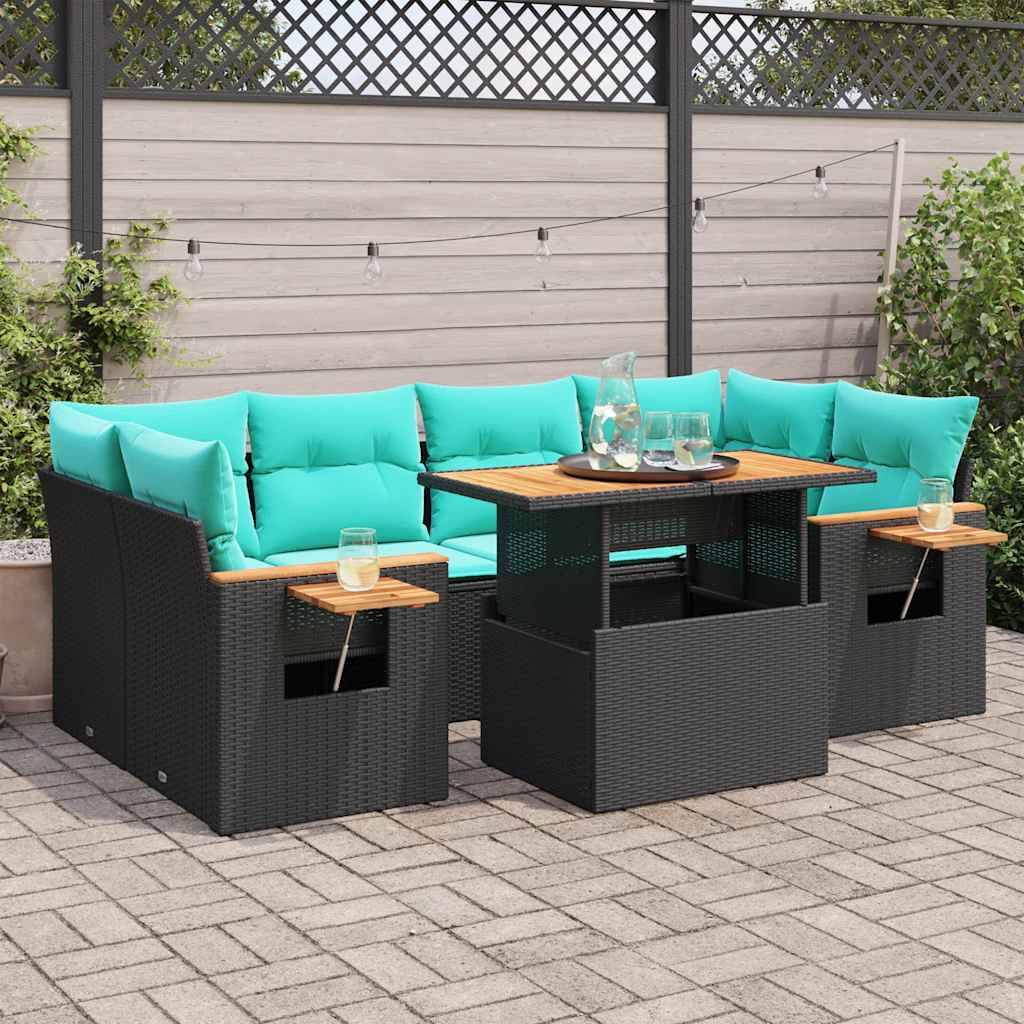 vidaXL 7-tlg. Garten-Sofagarnitur mit Kissen Schwarz Poly Rattan