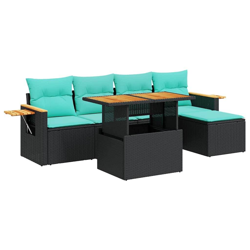 vidaXL 6-tlg. Garten-Sofagarnitur mit Kissen Schwarz Poly Rattan