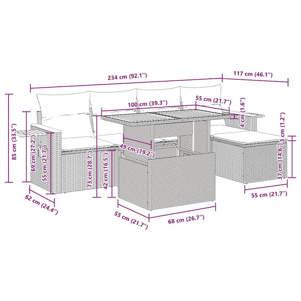 vidaXL 6-tlg. Garten-Sofagarnitur mit Kissen Schwarz Poly Rattan