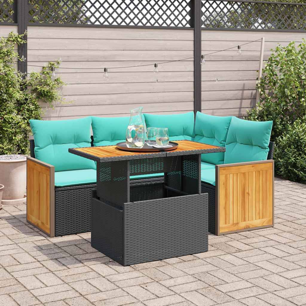 vidaXL 5tlg. Garten-Sofagarnitur mit Kissen Schwarz Poly Rattan Akazie