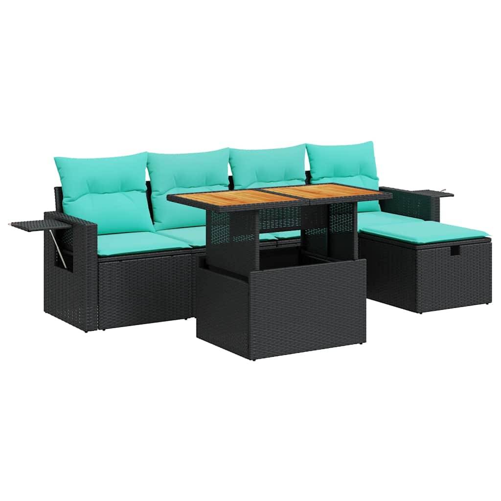 vidaXL 6-tlg. Garten-Sofagarnitur mit Kissen Schwarz Poly Rattan