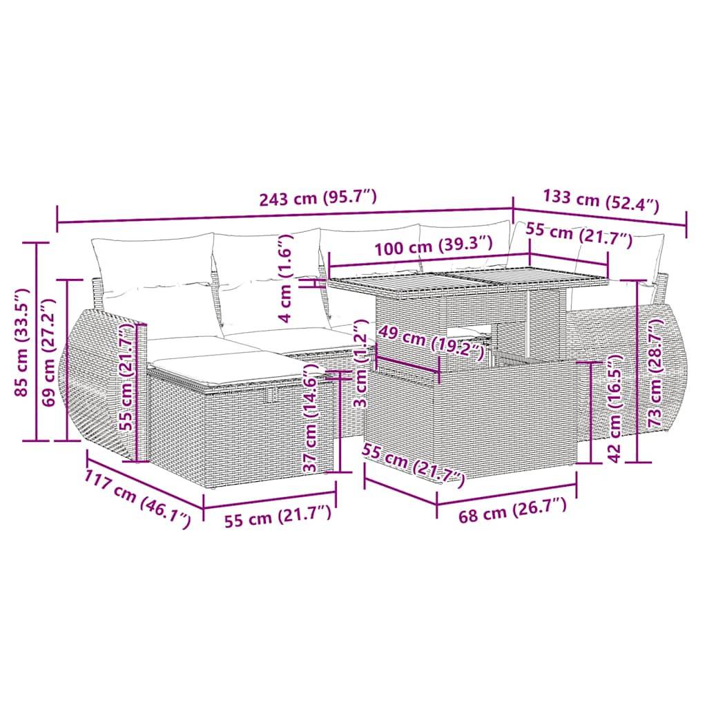 vidaXL 7-tlg. Garten-Sofagarnitur mit Kissen Grau Poly Rattan Akazie