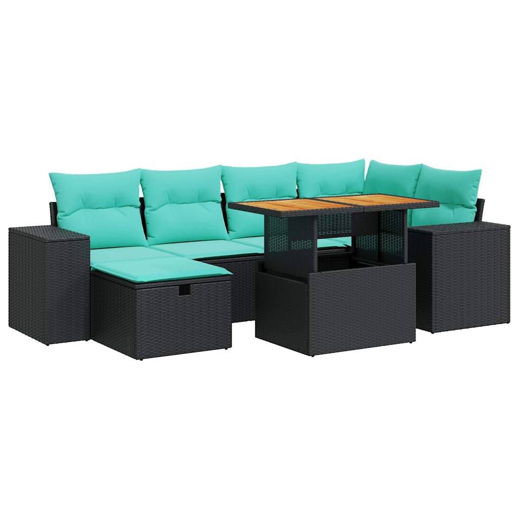 vidaXL 7-tlg. Garten-Sofagarnitur mit Kissen Grau Poly Rattan Akazie