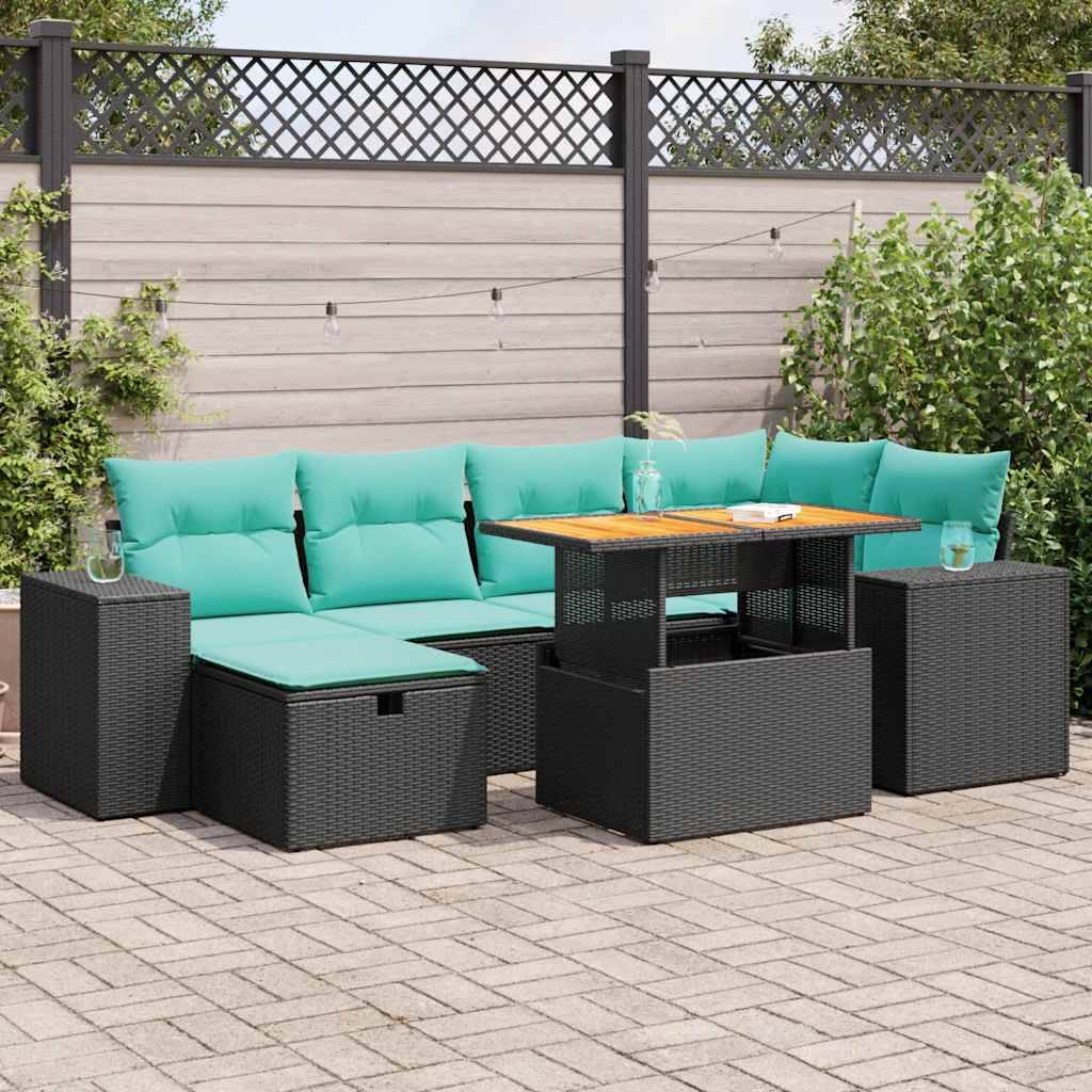 vidaXL 7-tlg. Garten-Sofagarnitur mit Kissen Grau Poly Rattan Akazie