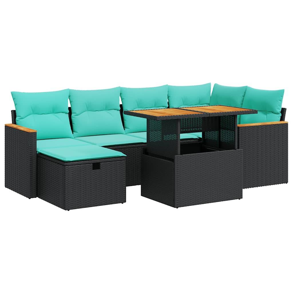vidaXL 7-tlg. Garten-Sofagarnitur mit Kissen Braun Poly Rattan Akazie