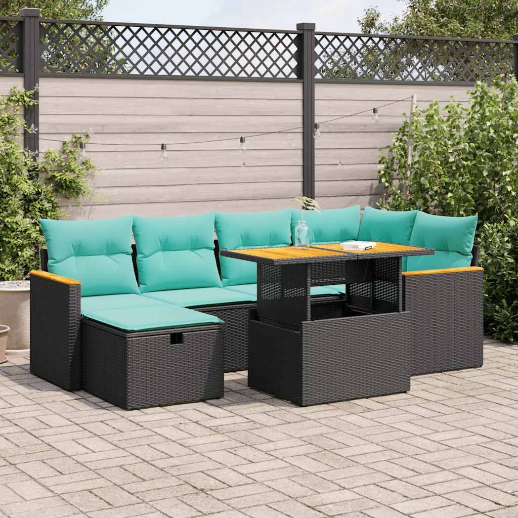 vidaXL 7-tlg. Garten-Sofagarnitur mit Kissen Braun Poly Rattan Akazie