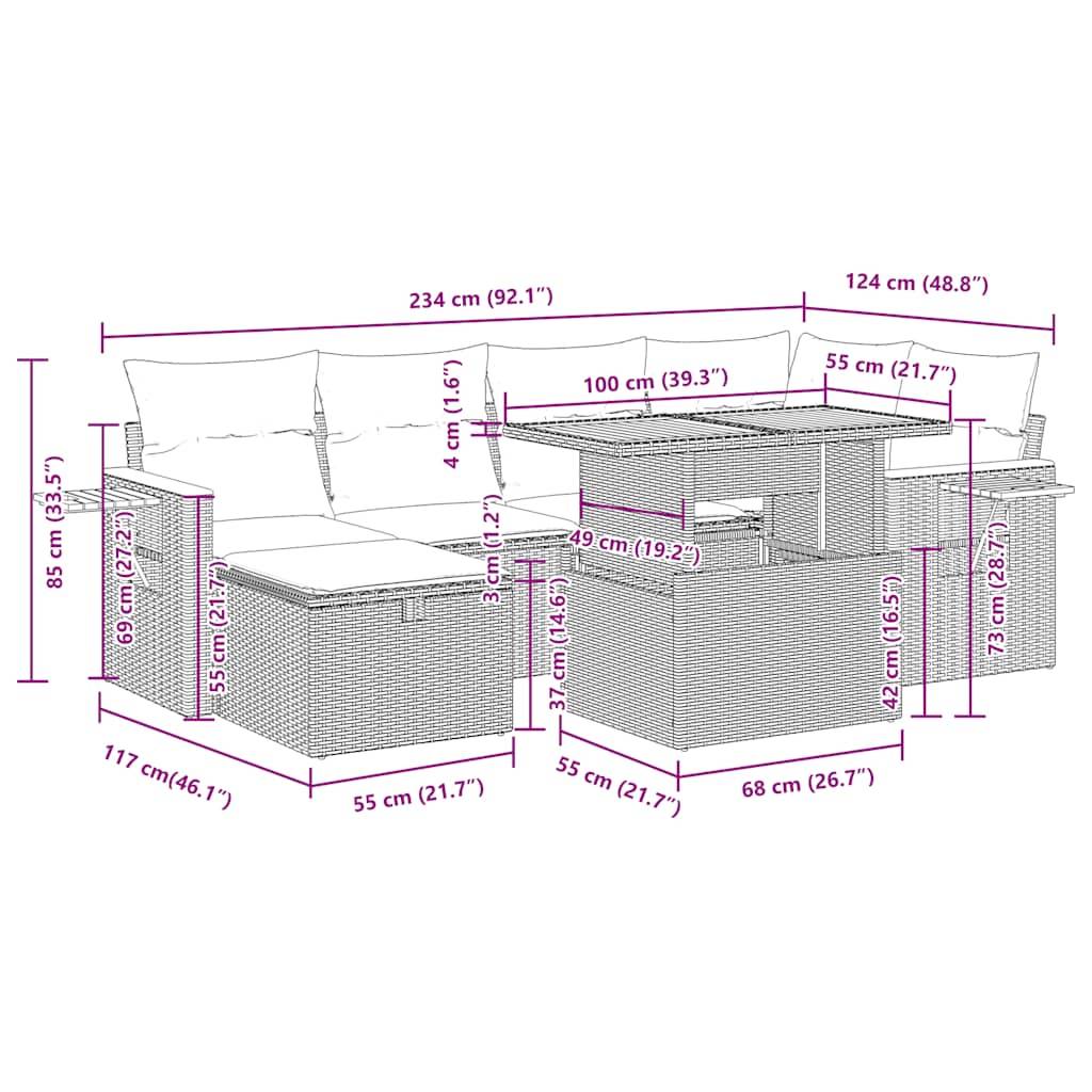 vidaXL 7-tlg. Garten-Sofagarnitur mit Kissen Braun Poly Rattan Akazie