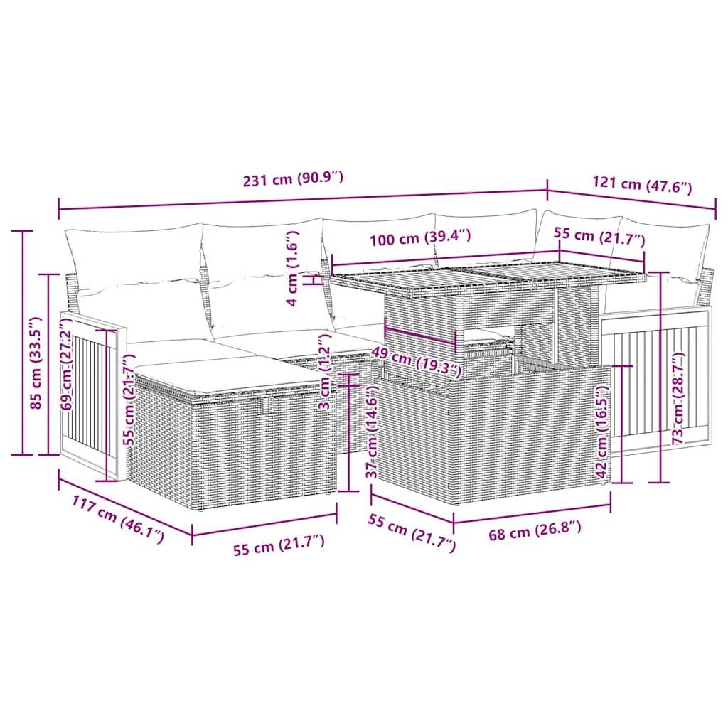 vidaXL 7-tlg. Garten-Sofagarnitur mit Kissen Braun Poly Rattan Akazie